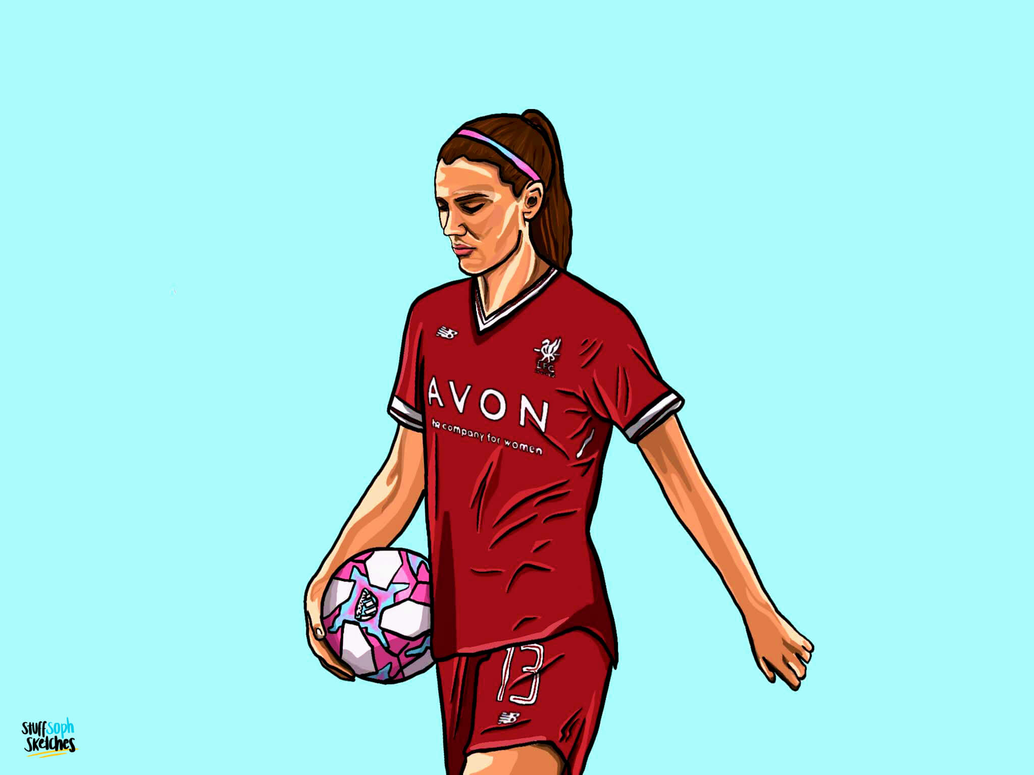 Female Liverpool player in full kit carrying a football