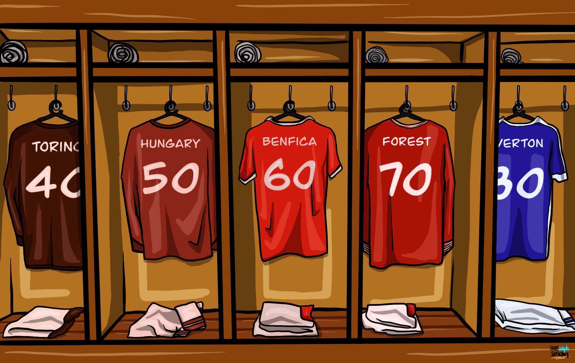 Five football shirts of different teams, hanging in a changing room