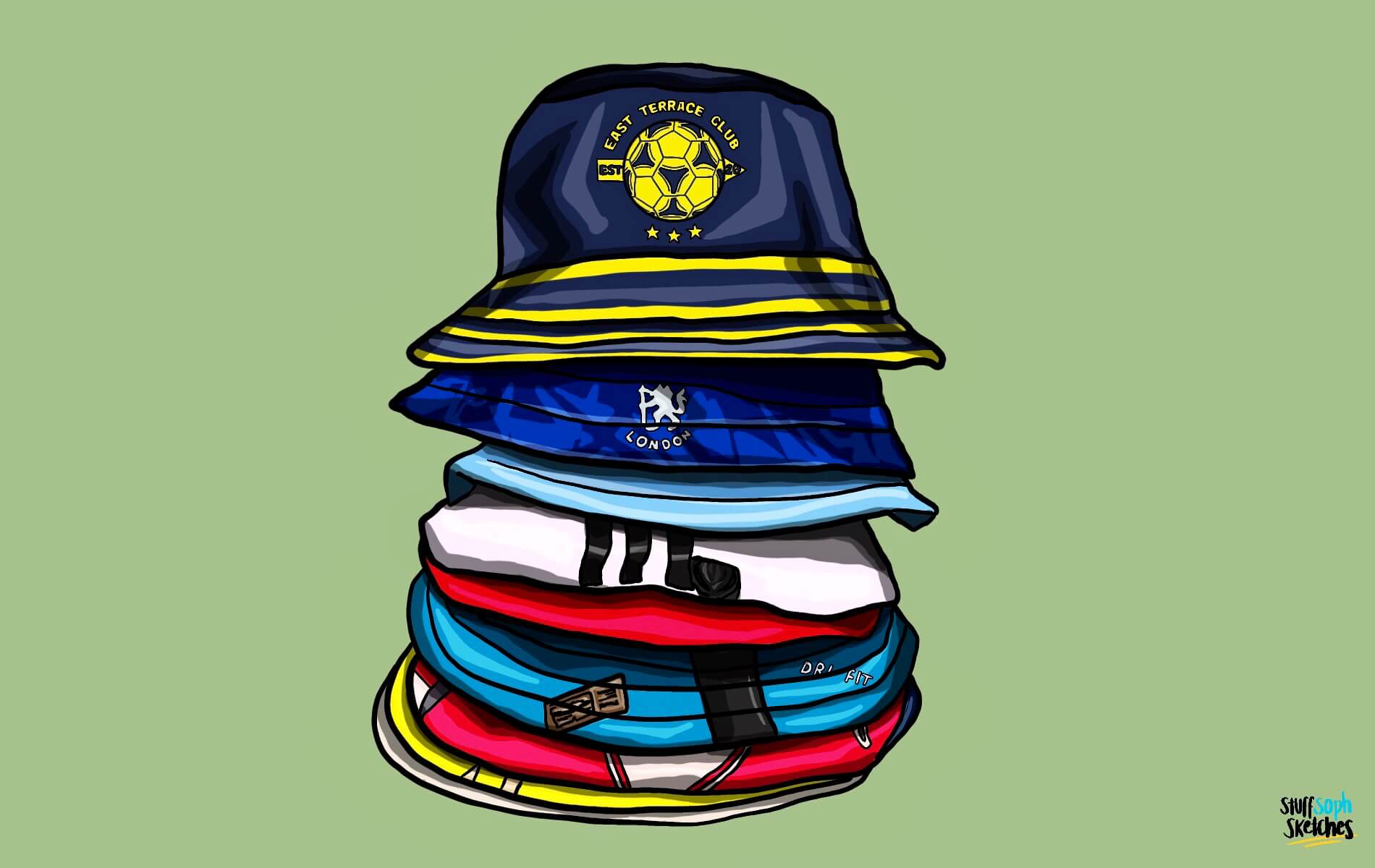 Neatly stacked pile of hats made from up-cycled football shirts