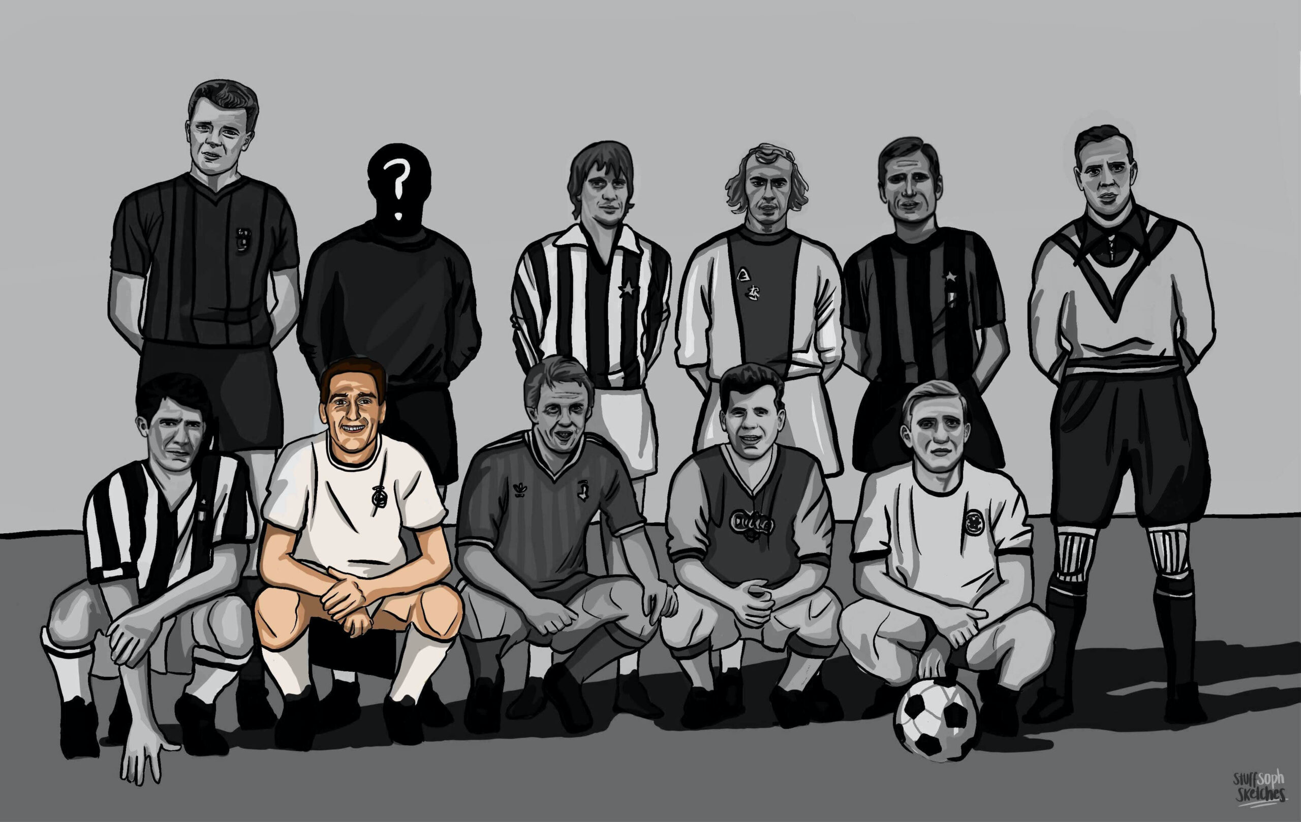 Francisco Gento in colour, amongst the forgotten eleven lineup in black and white