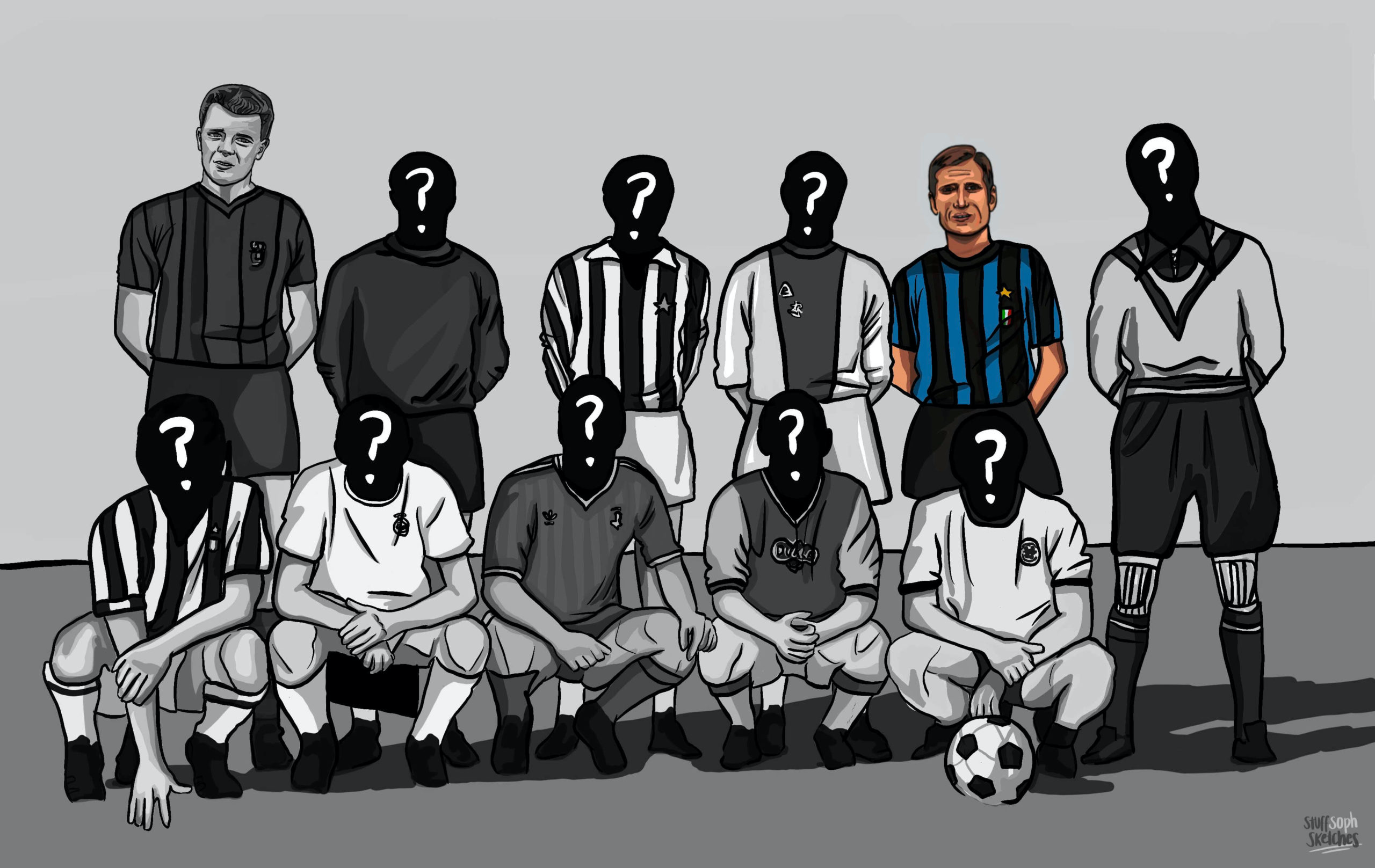 Giancito Facchetti in colour, amongst the forgotten eleven lineup in black and white