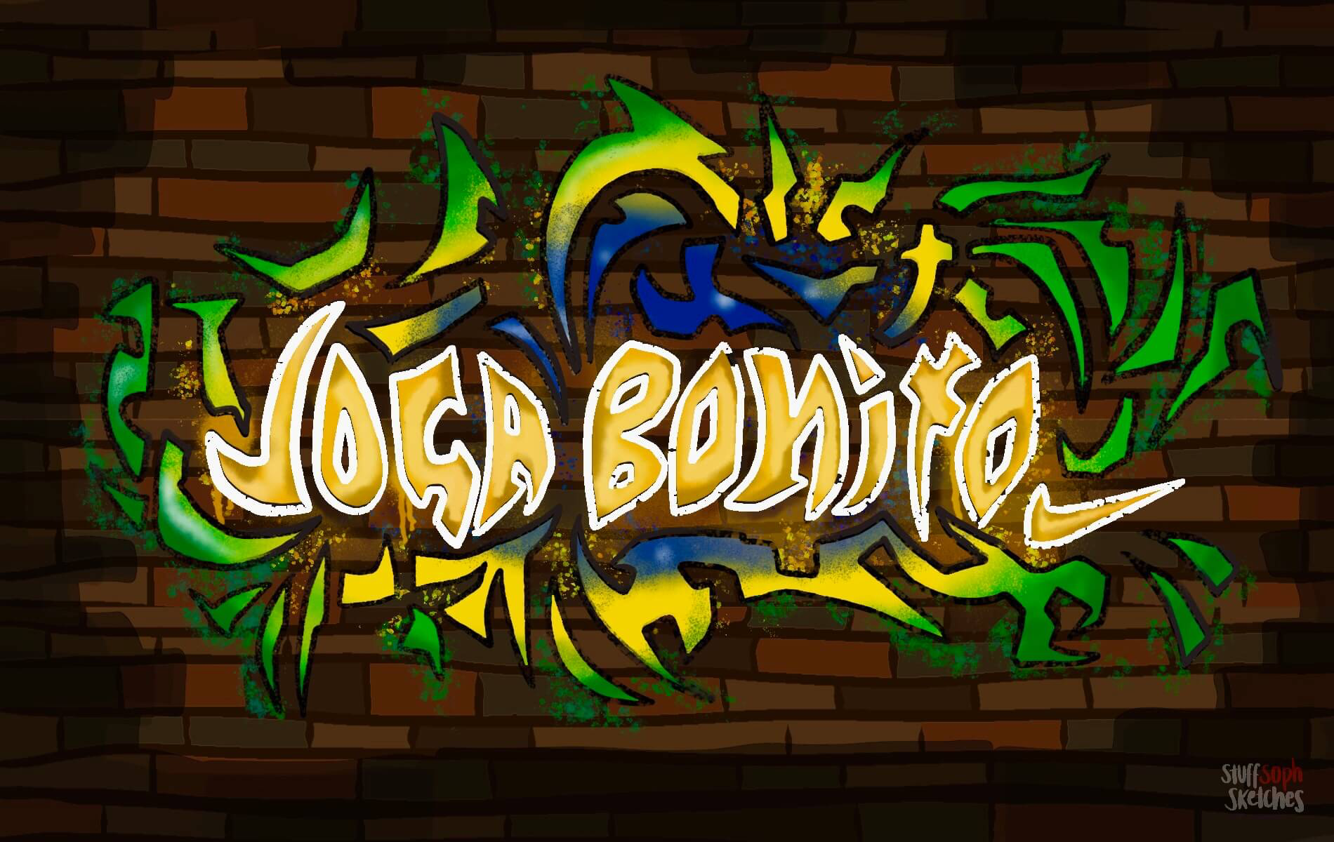 Joga Bonito in gold lettering spray painted on brick wall, with colour-full accents