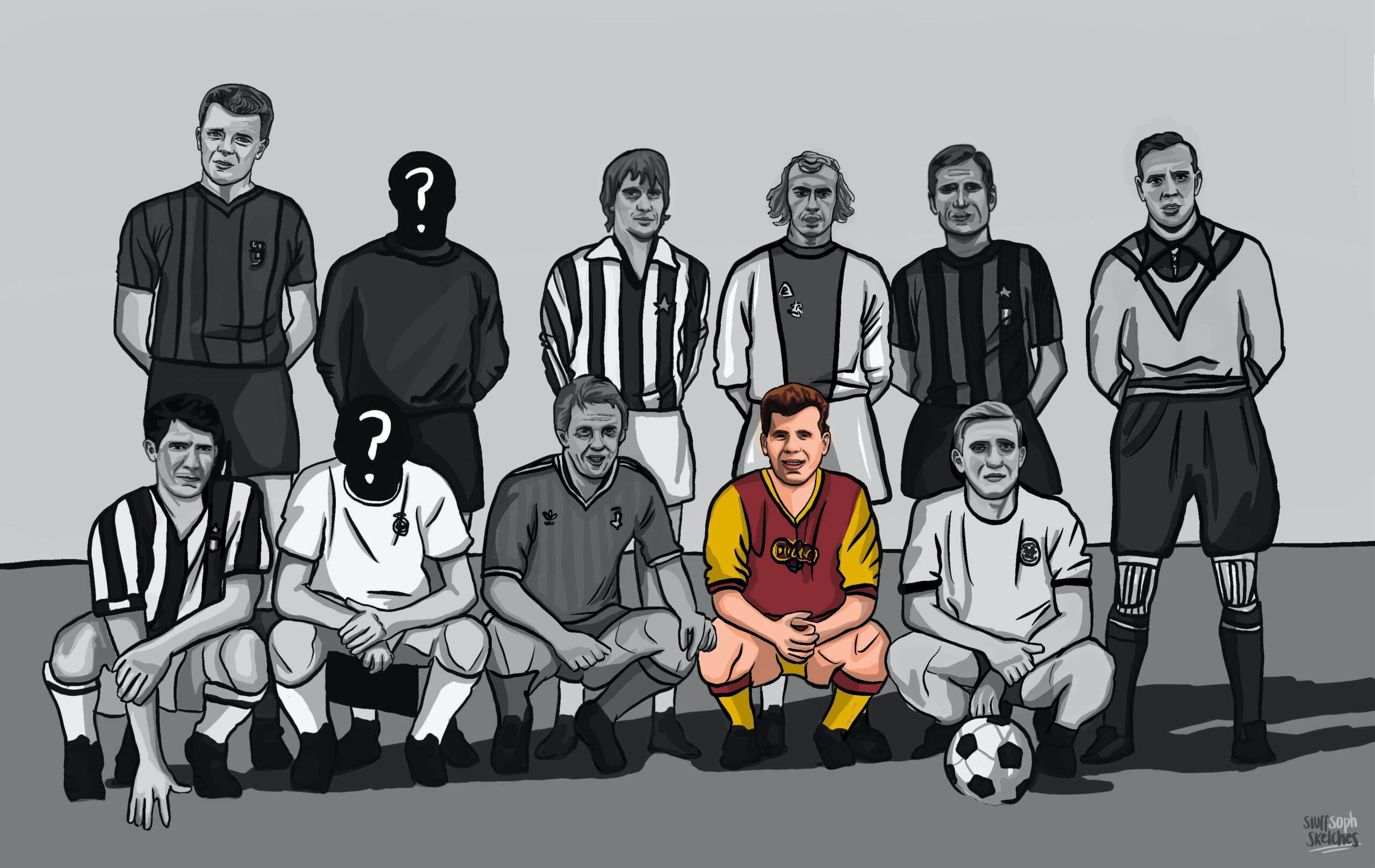 Josef Masopust in colour, amongst the forgotten eleven lineup in black and white