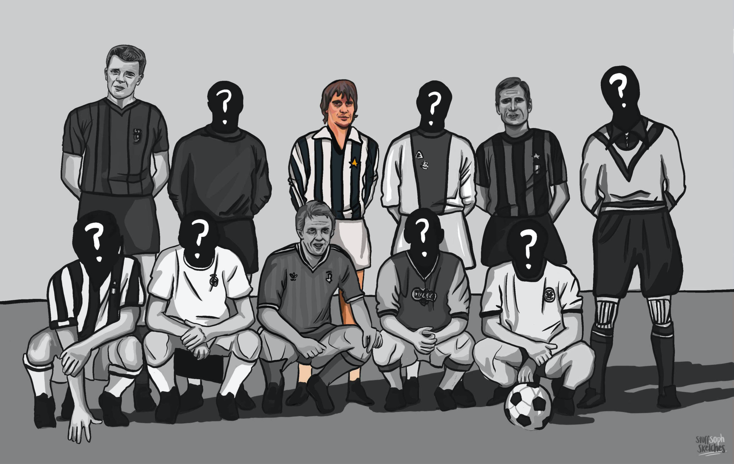 Marco Tardelli in colour, amongst the forgotten eleven lineup in black and white