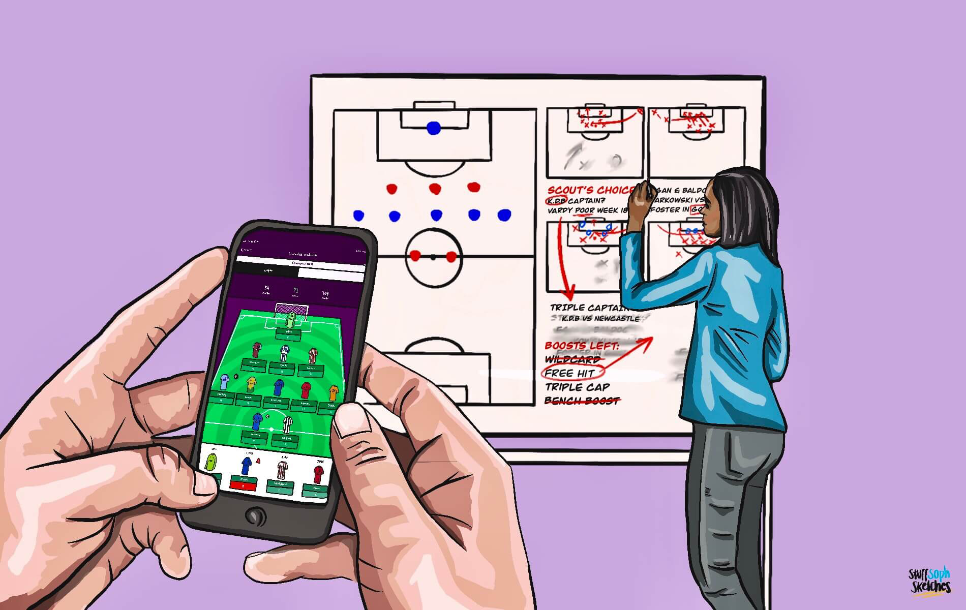 Hand holding phone with premier league fantasy football app open, woman writing on tactics board in background