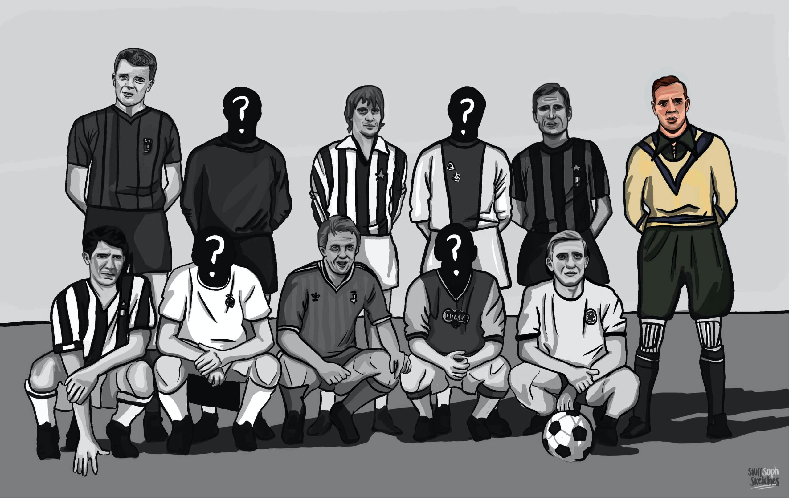 Ricardo Zamora in colour, amongst the forgotten eleven lineup in black and white