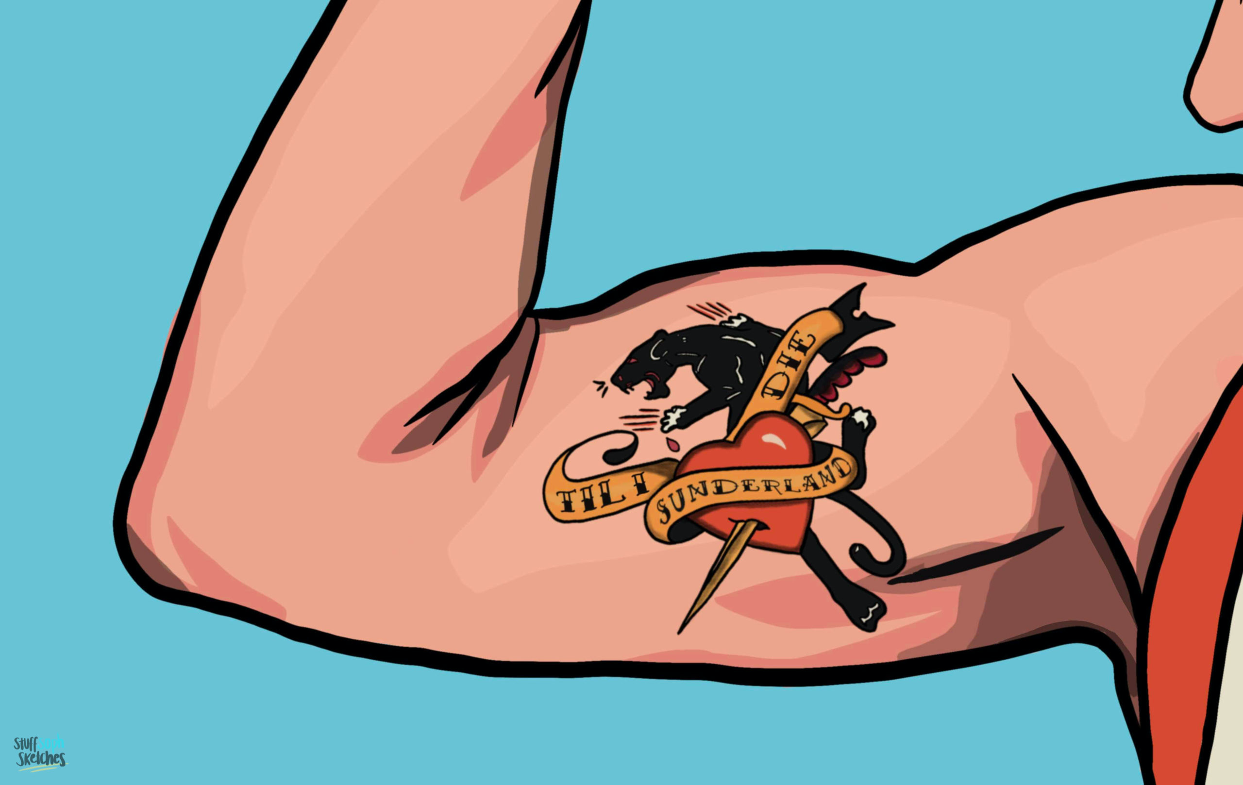 A mans Bicep with a tattoo of a black cat and sunderland til i die