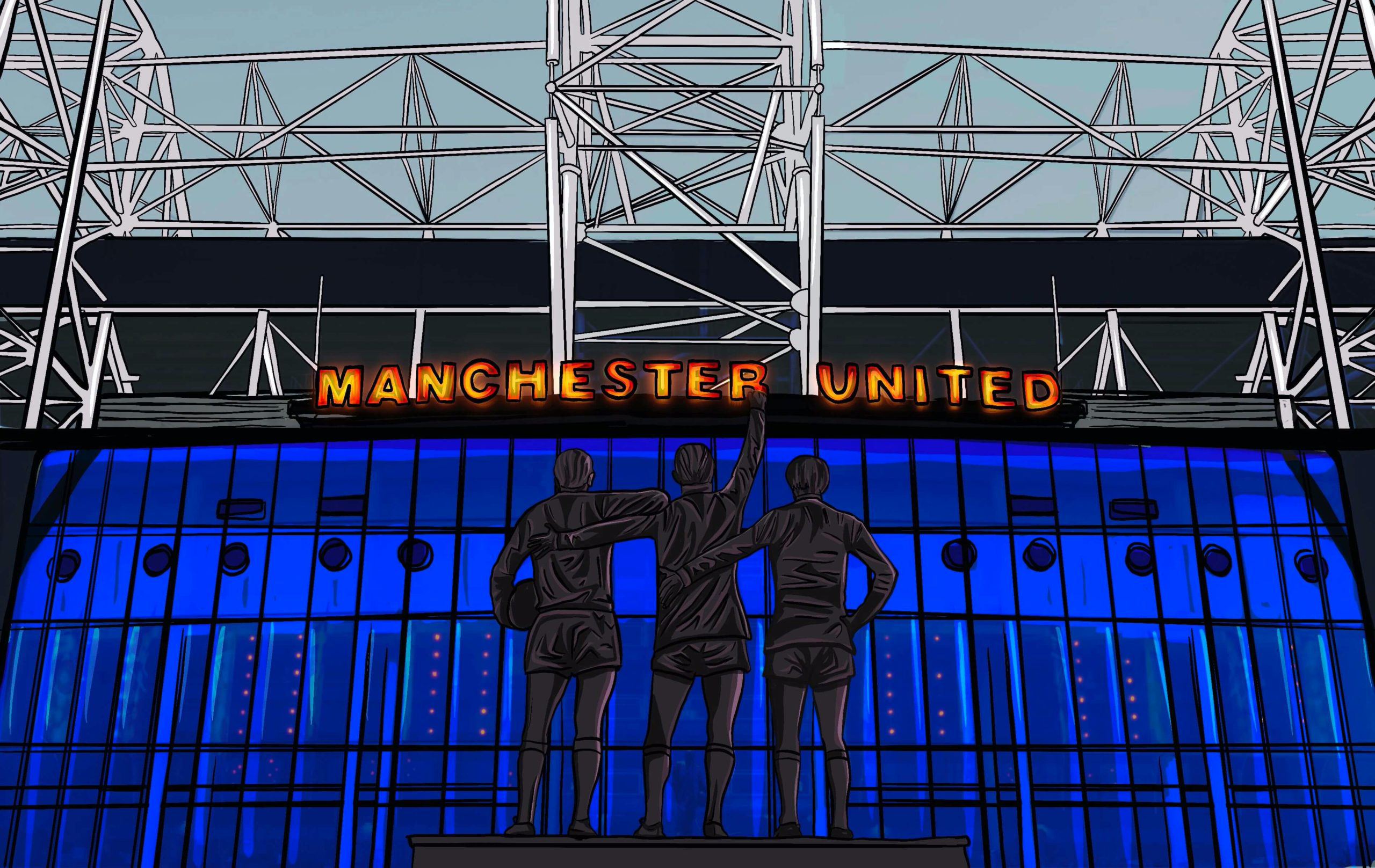 The statues outside Manchester United's Old Trafford stadium