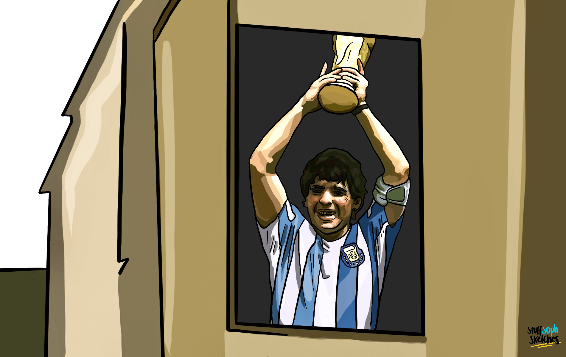 A wall mural of Diego Maradona Lifting the World Cup Trophy