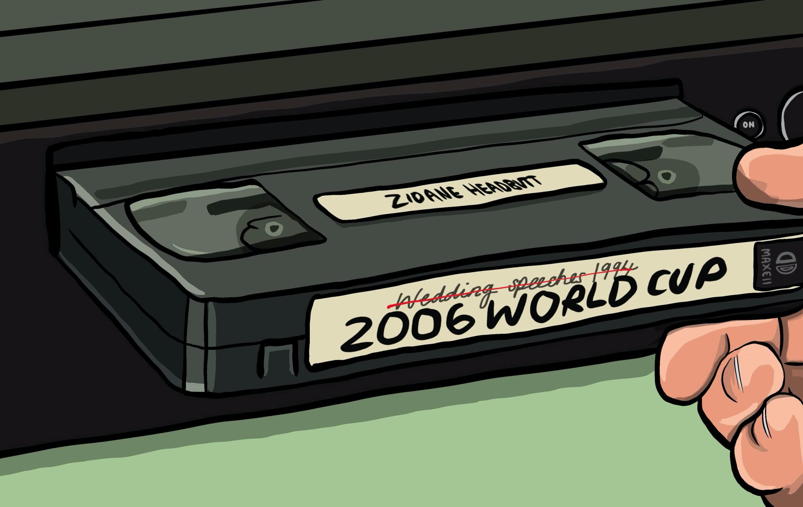 A video Cassette Tape with wedding speech crossed out and 2006 world cup zidane headbutt instead written